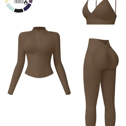 Women's Sporty Solid Color Set, Tightening Butt Lifting Tummy Control Three-Piece Set, Matching Workout Set, Activewear Workout Set, Gym Outfits, Fitness Outfits, Casual Fall & Winter Wear, Below the Knee Length