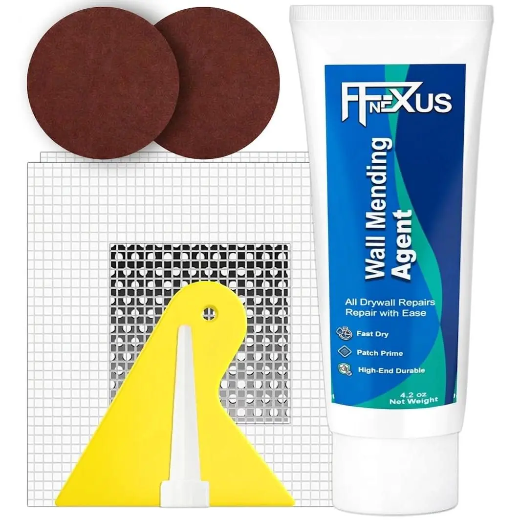 Drywall Repair Kit – 4.23 oz -Dry Putty Tube with 2 × 2″ Wall Patch Mesh, Scraper & 2 × P180 Sandpapers | Quick-Dry Spackle & Sheetrock Crack Filler for Wall, Ceiling & Plaster Hole Repair
