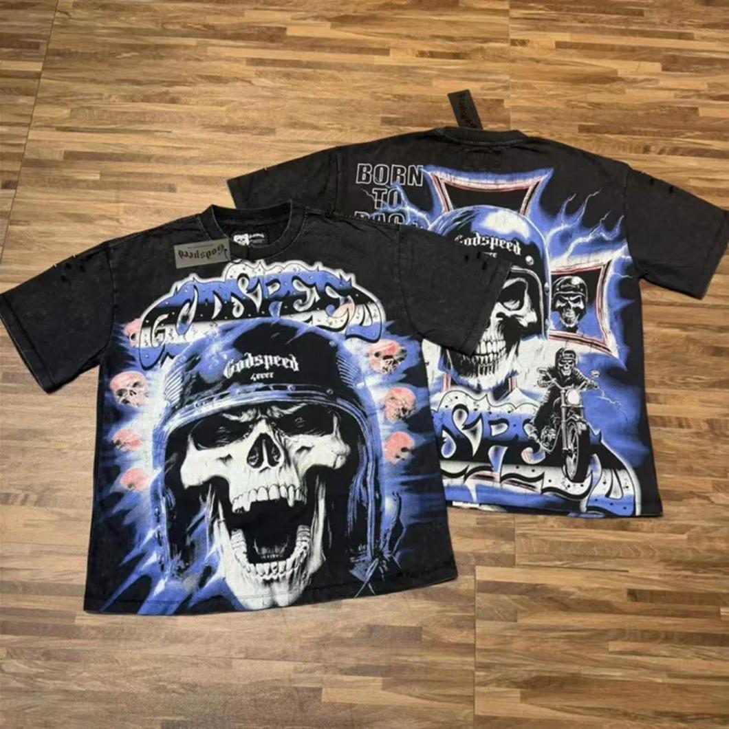 Real Photo Original Label Ripped Hot Drill Godspeed Short Sleeves T Shirt American Cotton Vintage Washed Rhinestone Bling Oversized Loose Unisex Round Neck Streetwear Hip Hop Y2K Casual Tops Tees With Tags For Men Women