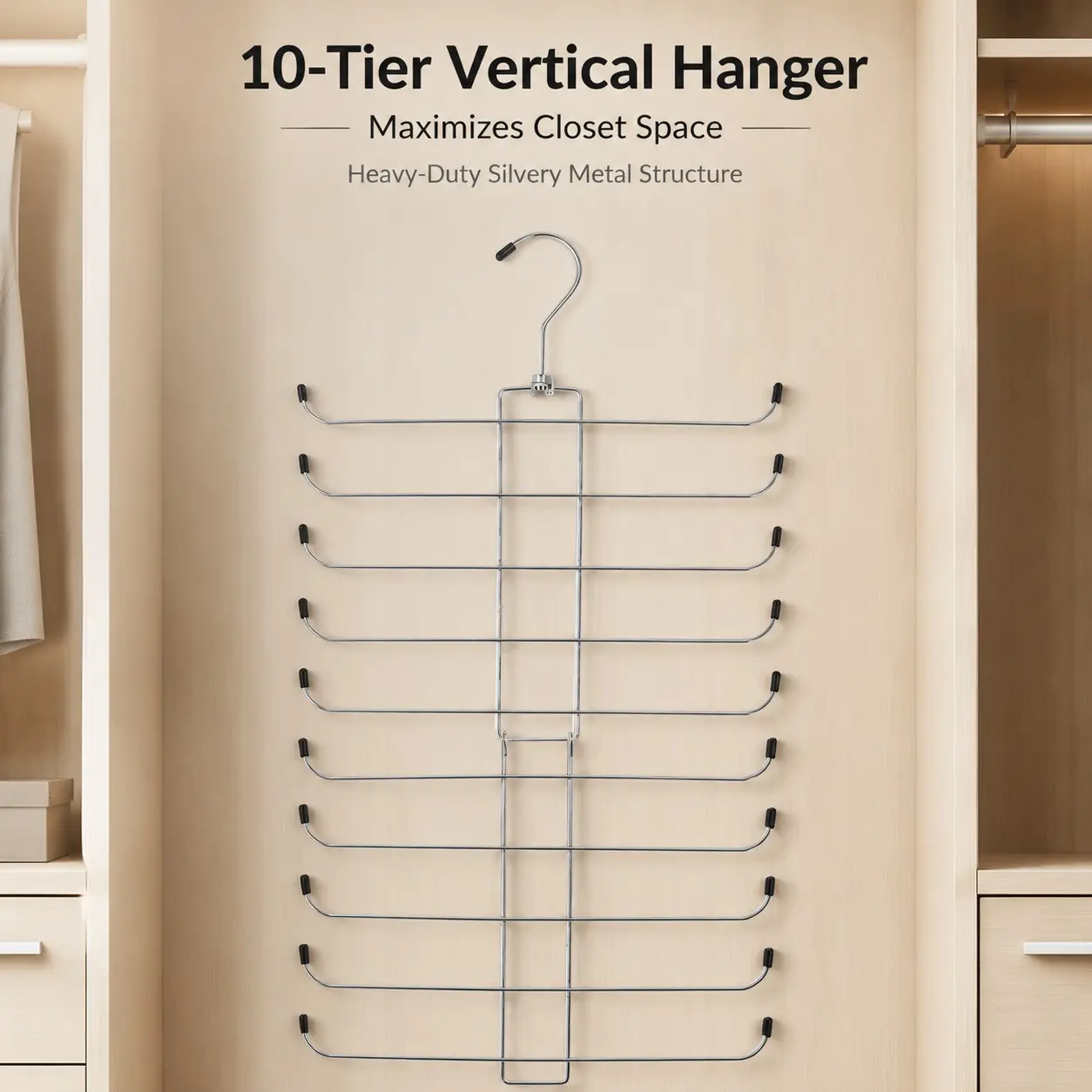 Ten-Tier Vertical Space-Saving Clothes Hanger, Reinforced Silver Color Metal Multi-Layer Closet Organizer, Anti-Slip Hooks for Shirts, Pants, Dresses
