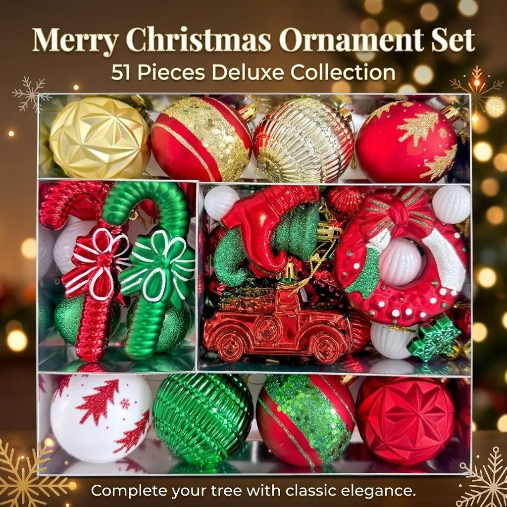 51-Piece Christmas Ball Decor Set, Sparkling Dot Hanging Ornaments, Plastic Tree Decorations for Home Holiday Party