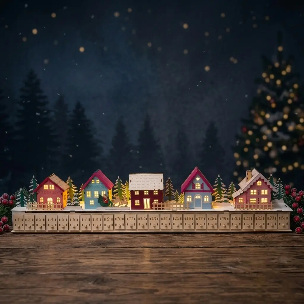 DIY Wooden Christmas Countdown Calendar Ornament – ​​Festive Village Scene Decoration; Rustic-Style Light-Up Countdown Calendar; Surprise Christmas Gift (Requires 6 batteries; batteries not included)