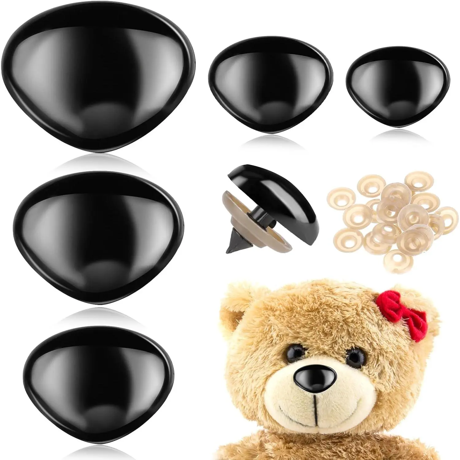100 count Large Safety Noses for Stuffed , 15mm 18mm 22mm 24mm 30mm, Doll Noses with Washers Plastic Safety Noses for Crochet  Craft Puppet Plush  Accessories(Black)