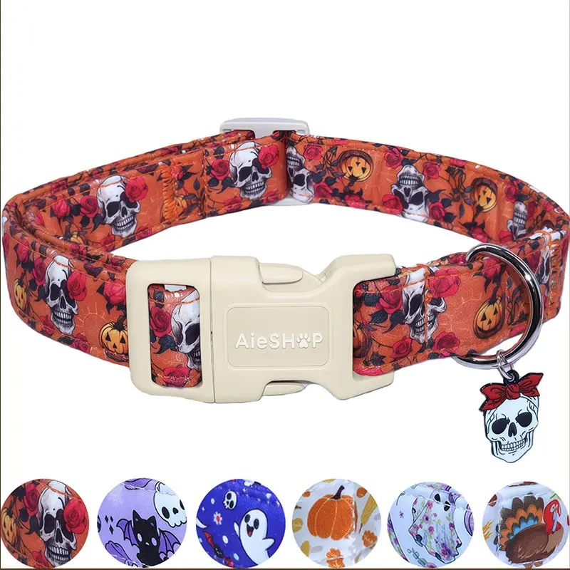 Halloween Themed Dog Collar with Skull and Rose Print, Soft and Wear-Resistant Cotton Puppy Neck Collar, Quick Release Buckle Adjustable Comfort Pet Collar, Suitable for Small, Medium and Large Male & Female Dogs, Halloween Gift for Furry Friends