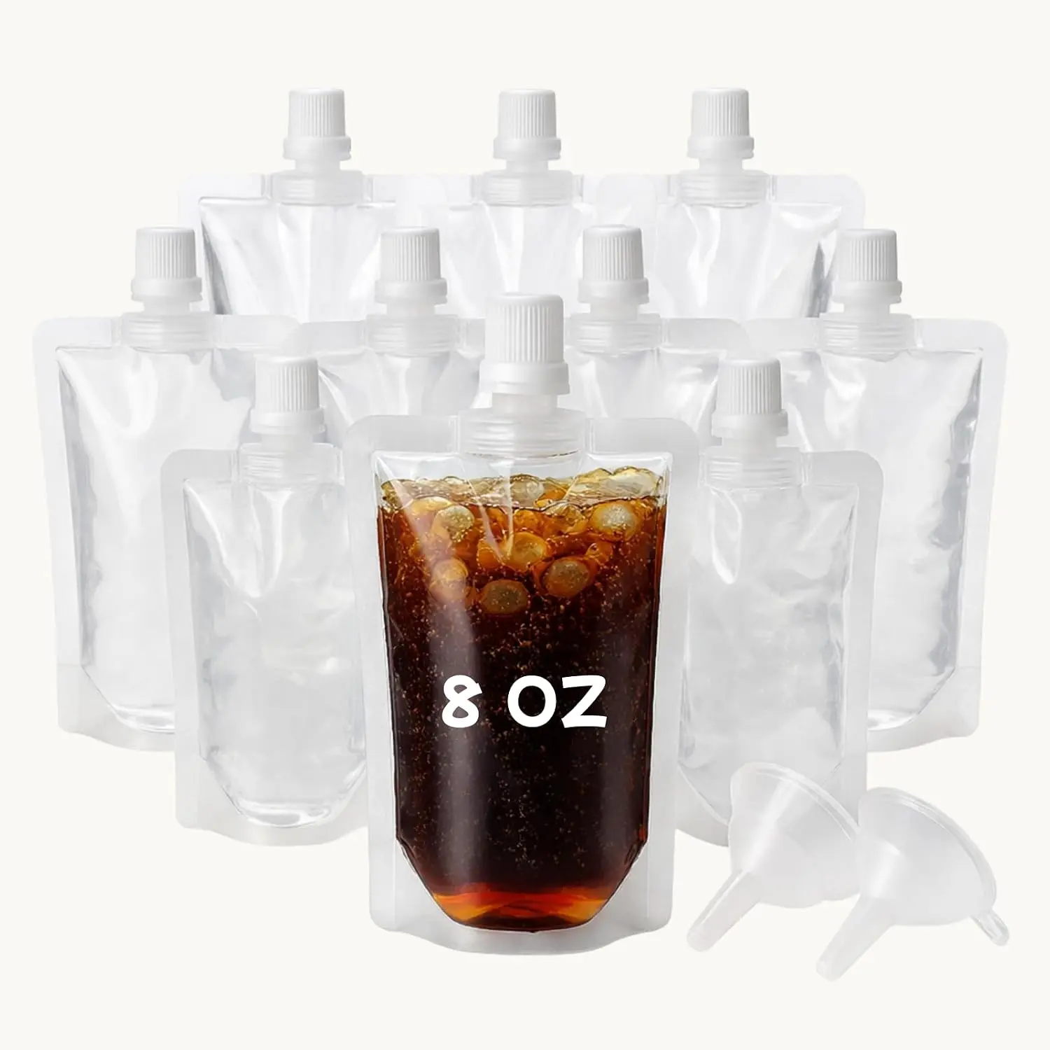 Drink Pouches, 8 oz Collapsible Beverage Bags, Leak Proof  -Grade, Refillable Pouches for Camping, Hiking, Pool Party, Festival Essentials & Cruises, 10 Pack 8oz with 2 Funnels