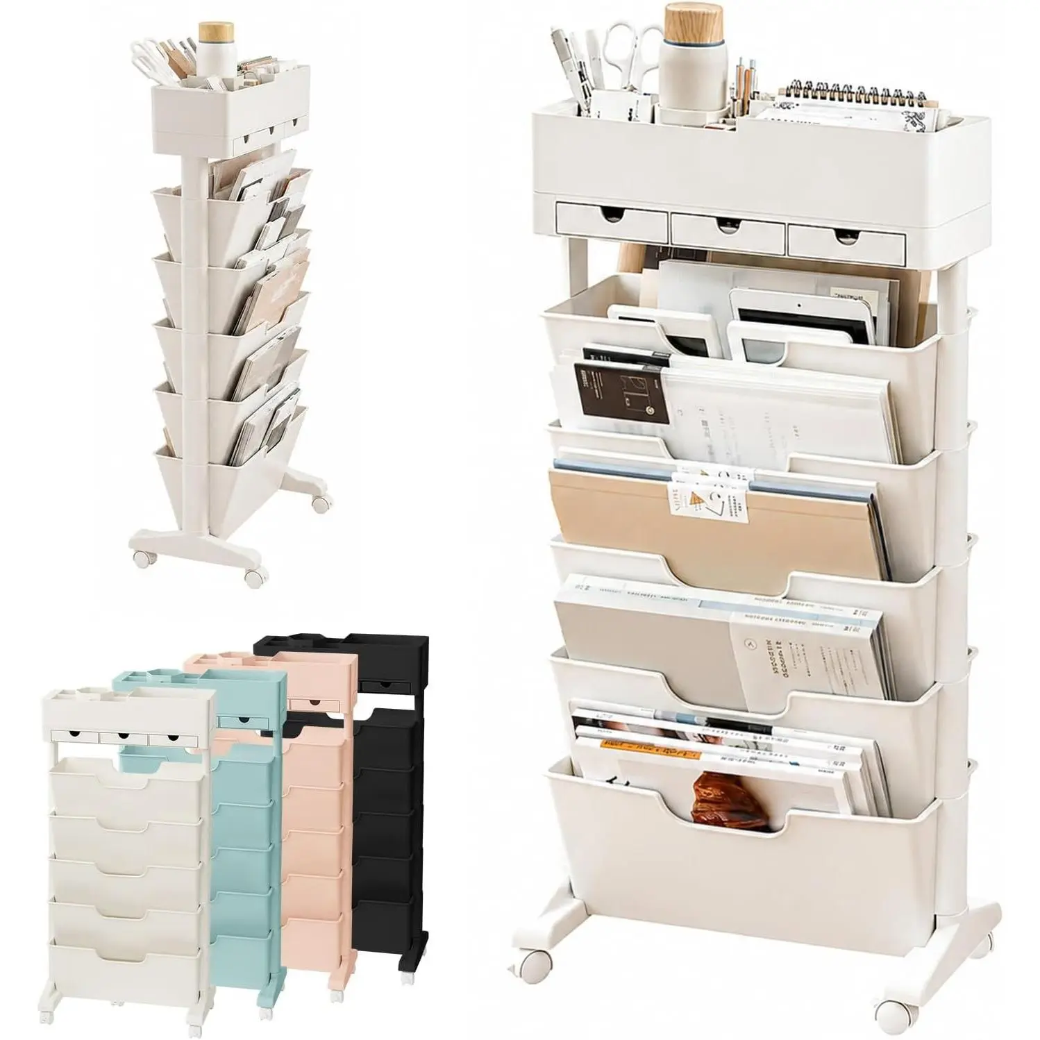 5 Tier Rolling Book Cart Multi-Functional Movable Storage Bookshelves rolling bookshelf,Movable Storage Bookshelves with Lockable Wheels for Study Office Library Classroom