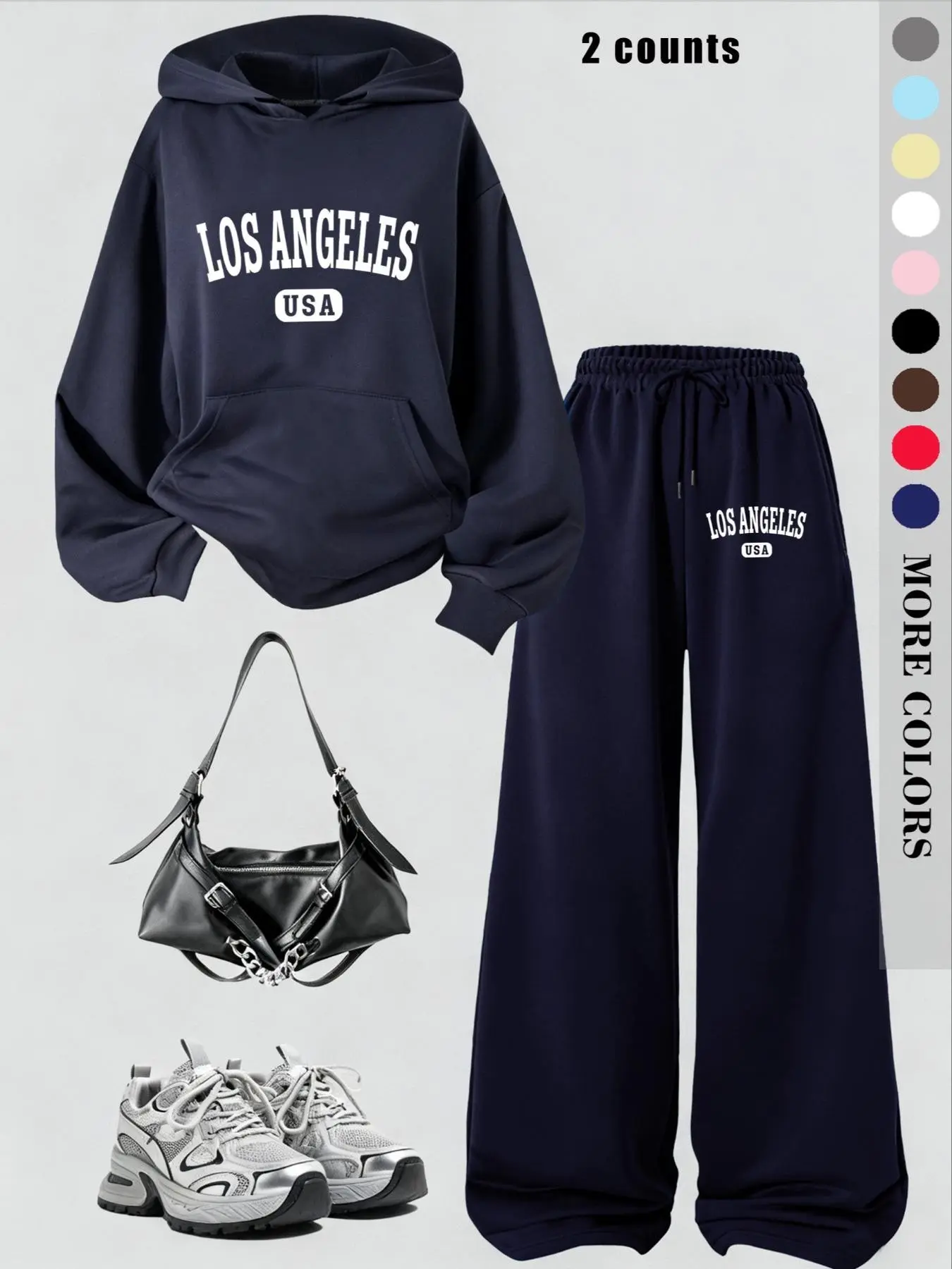 American Style Fall Winter New Fleece Long Sleeve Hoodie Jacket + Tie Waist Wide Leg Casual Pants Set, Cross Print, Streetwear, Youth Fashion