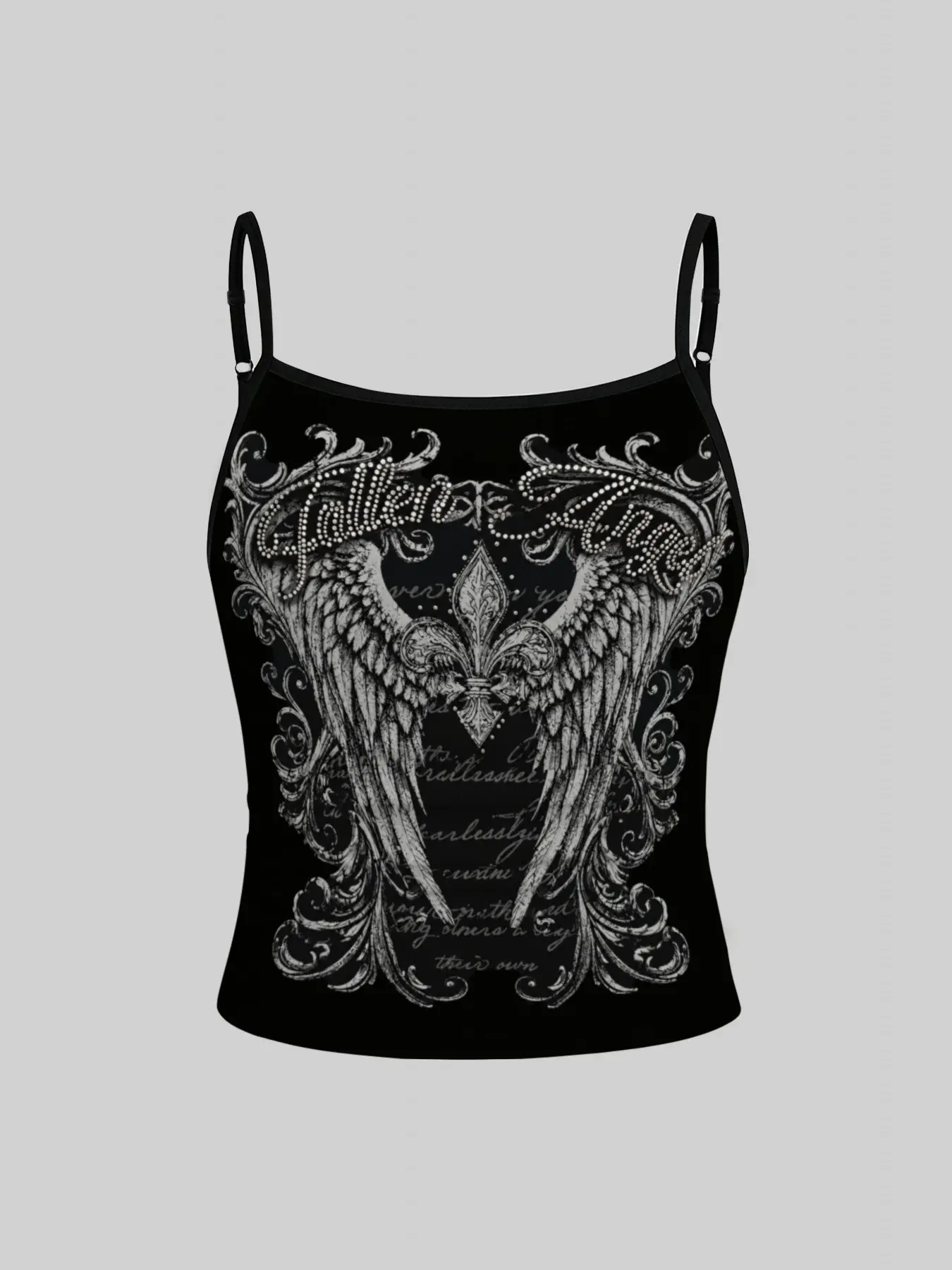 1-piece Y2K Gothic Angel Wings Print Girls' Tank Top, black edged adjustable thin shoulder straps, vintage rock style girls' fashionable Streetwear, American street style, music festival, daily street wear, Everyday