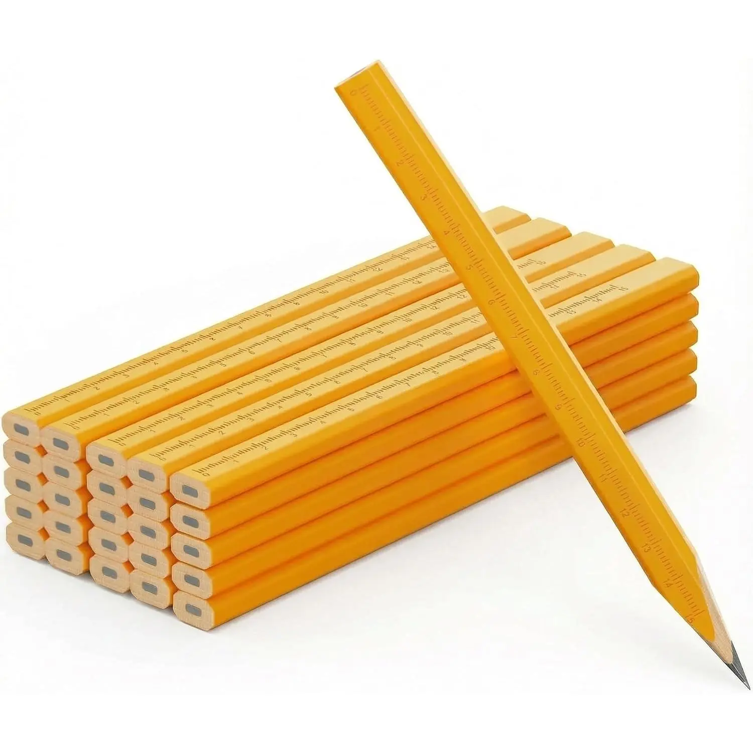 25 Pack Carpenter Pencils with Ruler – Flat Yellow Octagonal Pencils for Woodworking, Construction, and Framing – Durable HB Graphite