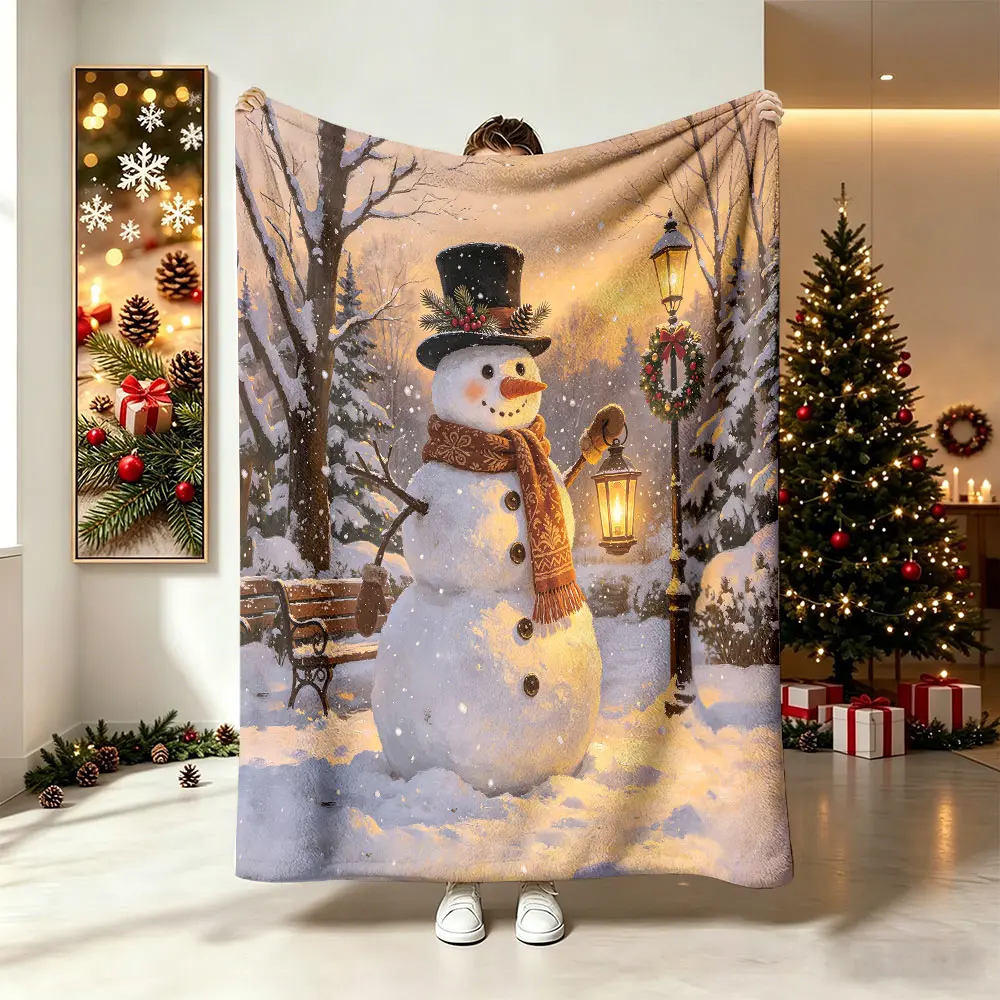 Soft Comfortable Digital‑Printed Flannel Blanket,Christmas Snowman & Snowscape Theme,Suitable For Home,Office,Camping,Sofa,Bed,Warm,Ideal Christmas Gift