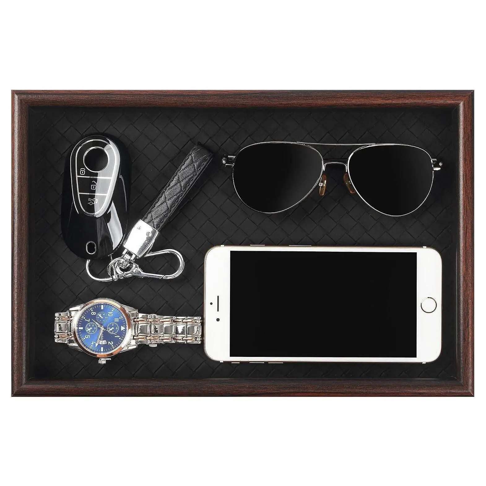Wooden Valet Tray with Leather Base - Nightstand Catchall Organizer for Cologne, Perfume, Keys, Wallet, Phone, Watch, Jewelry & Sunglasses (Black)Gift