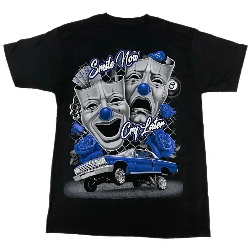 Men's Blue Smile Now Cry Later High Print Short-Sleeve Cotton Crew Neck T-Shirt - Low Rider Old School Normal Type Menswear Casual Streetwear Top, All Seasons, Machine Washable, Pure Cotton