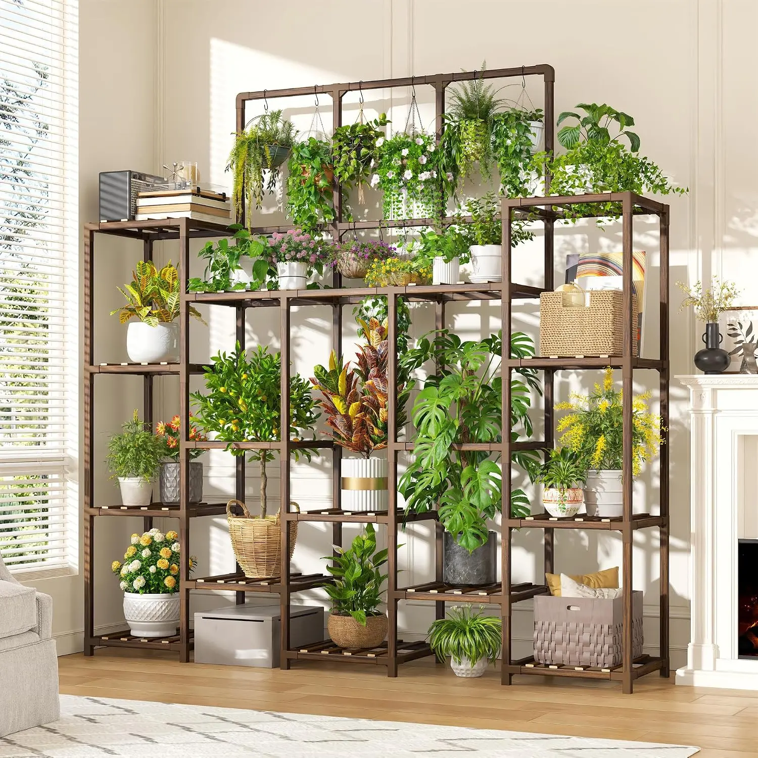 Plant Stand Indoor Tall Plant Stand Outdoor Large Wood Plants Shelf with 18-22 Pots for Patio, Living Room, Garden, Balcony, 55.9" Wx63.1 Hx11.78 D