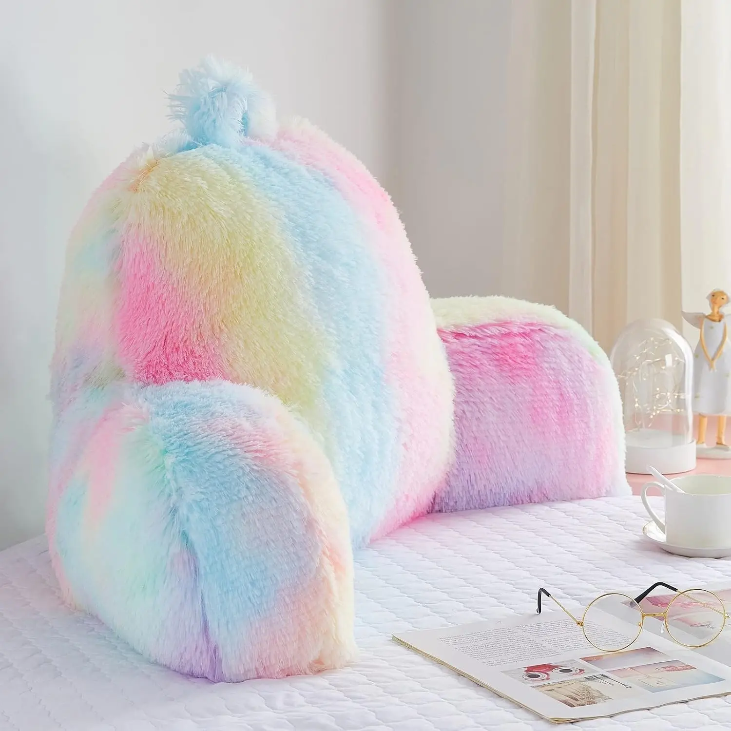 Reading Pillow for Bed - Faux Fur Backrest Pillow with Arms, Reading & Bed Rest Pillows Rainbow Colors, Fluffy Sit Up Pillow, Study Pillow for Kid, Tween, Teens & Adult Girls