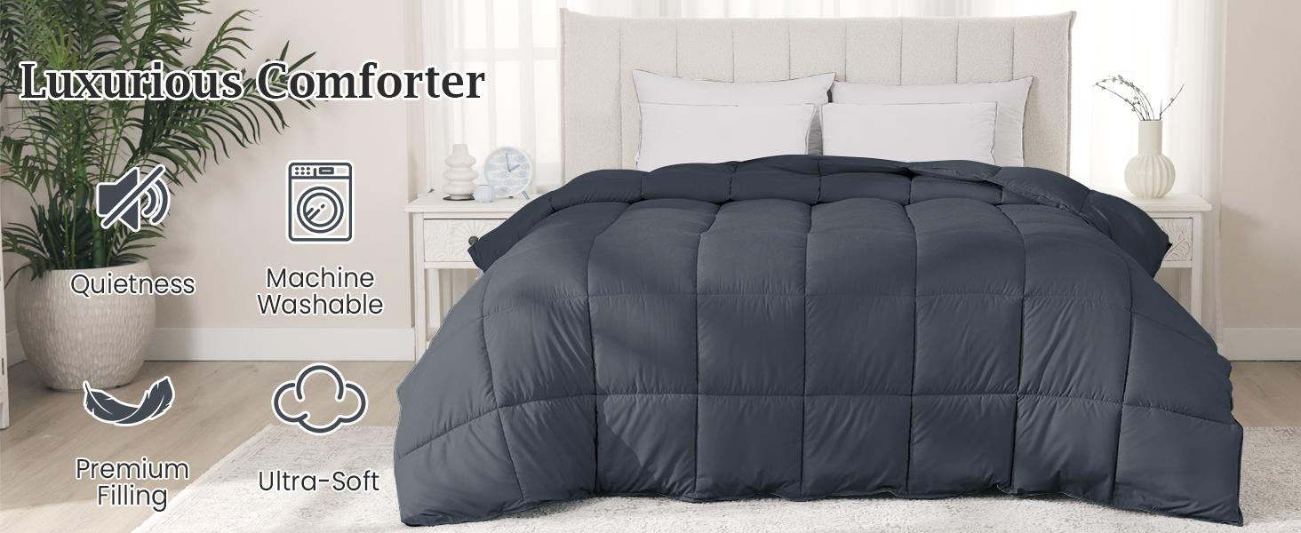 Queen Size Goose Feather Fiber and Down Comforter Duvet Insert All Season Hotel Luxury Bedding Comforters Soft Medium Warmth 88x88 Inches Dark Grey