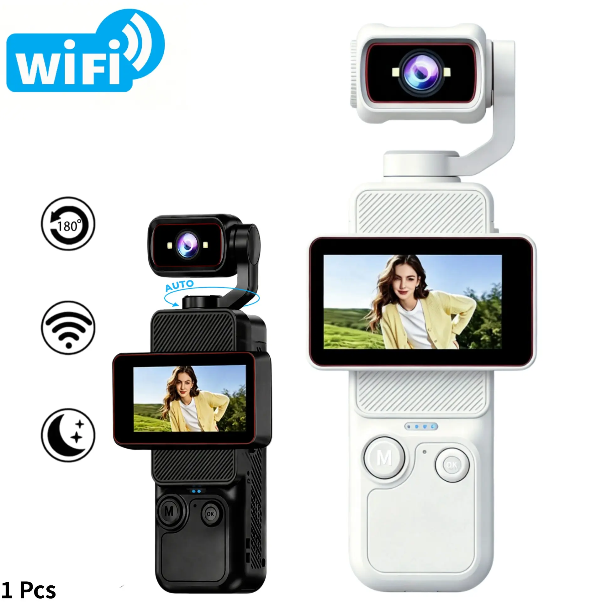 Vlogging Camera, Video Camera with Electric Rotating Lens and Flip Screen, 360° Rotation Pocket Camera with 6X Zoom, WiFi Transfer Mini Camera for YouTube, TikTok, Travel, Blogging, Content Creation and Recording