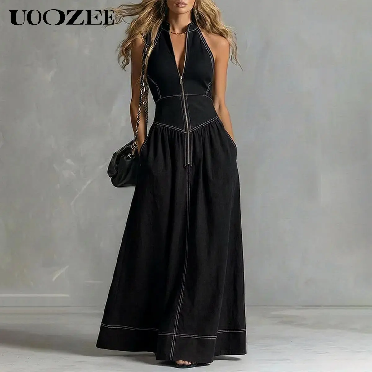 Uoozee Women's Minimalist Halter Neck Contrast-Stitch Formal Maxi Dress - Lightweight Breathable Soft Polyester Sleeveless Strappy Zip-Front Piece with Pockets, Fitted Waist, Flowy Long Skirt, Ideal for Date Night, Workwear (Size Up for Full Bust)