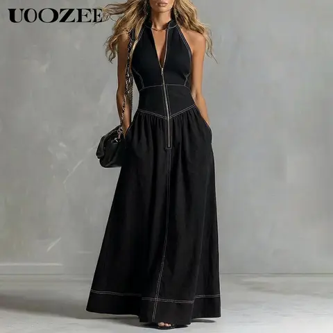 Uoozee Women's Casual Dresses - Minimalist Halter Neck Contrast Binding Sleeveless Strappy Zipper-Front Fitted Waist Flowy Maxi with Pockets, Lightweight Breathable Wrinkle-Resistant Casual Wear for Brunch Travel (Size Up for Full Bust)