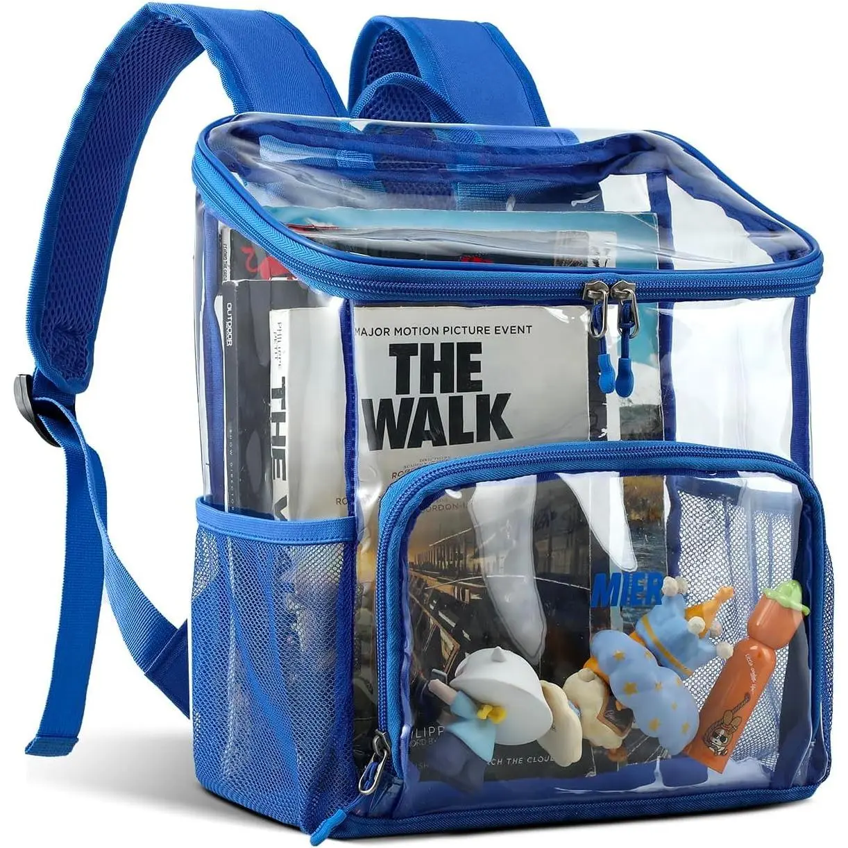 Clear Backpack for Stadium Events Large Transparent School Bag |  Heavy-Duty Bookbag; Multiple Pockets; Adjustable Strap; Side Bottle Holder; Long-lasting Zippers
