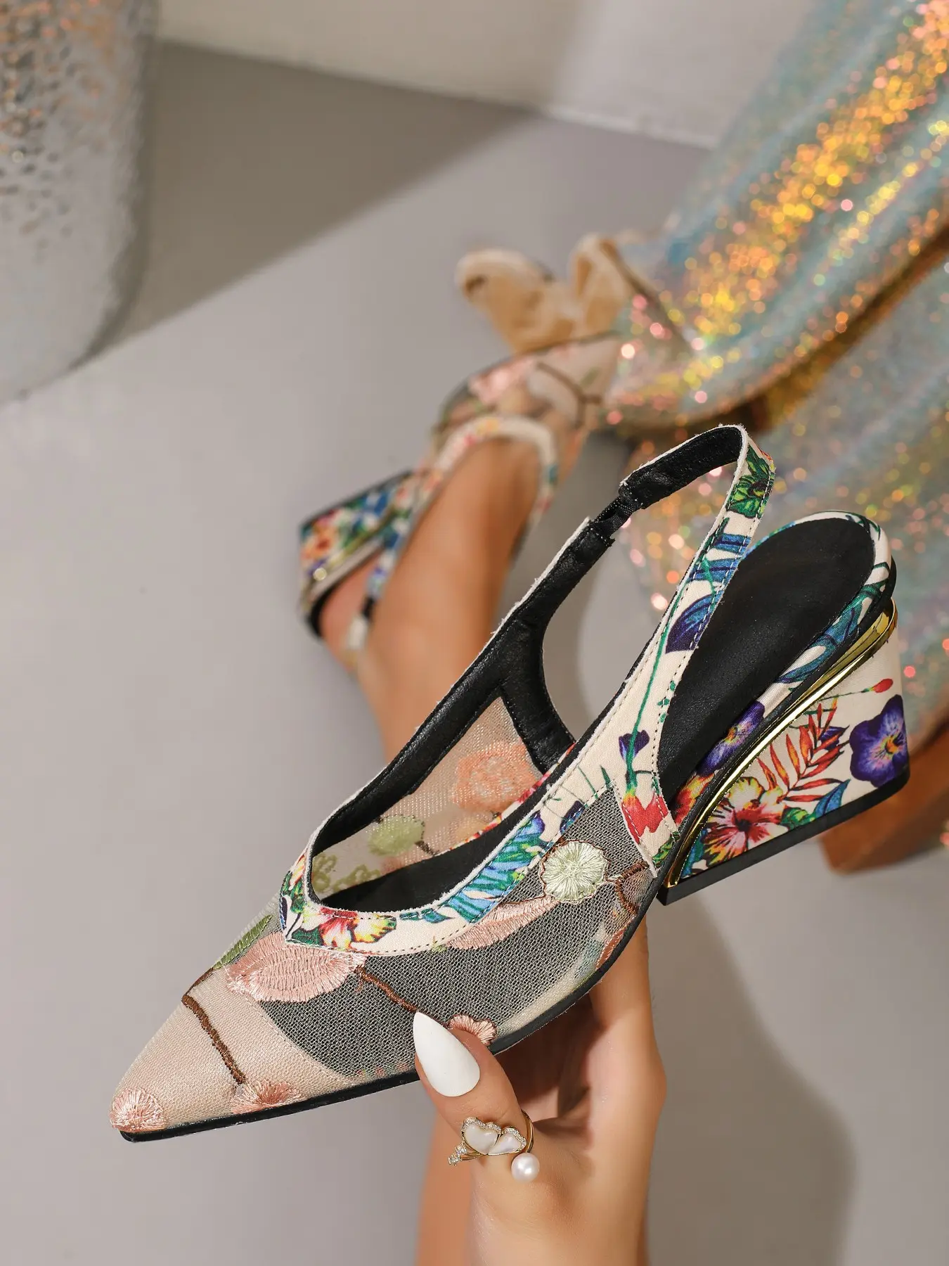 Elegant Mesh Embroidered Wedge Sandals, Bohemian Style Sandals, Pointed Toe Design, Colorful Floral Pattern, Fashionable High Heels for All Seasons, Summer