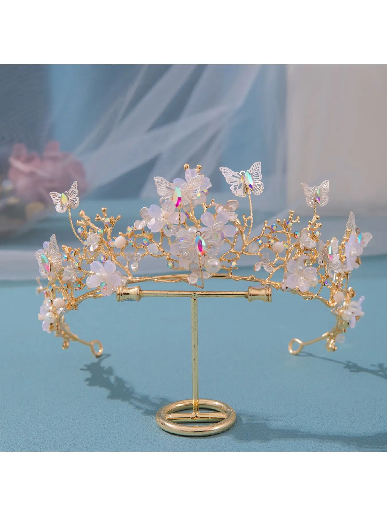 European and American Elegant Bridal Tiara with Butterfly and Floral Rhinestone Crown, Golden Baroque Headpiece Hairband Accessory