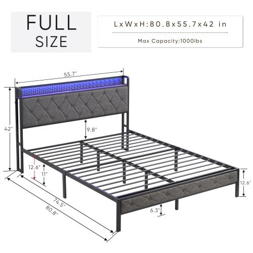 Bellemave Full/Queen/King Bed Frame with Storage Headboard Charging Station & LED Lights Upholstered Platform No Box Spring Needed Noise Free Easy Assembly Dark Gray
