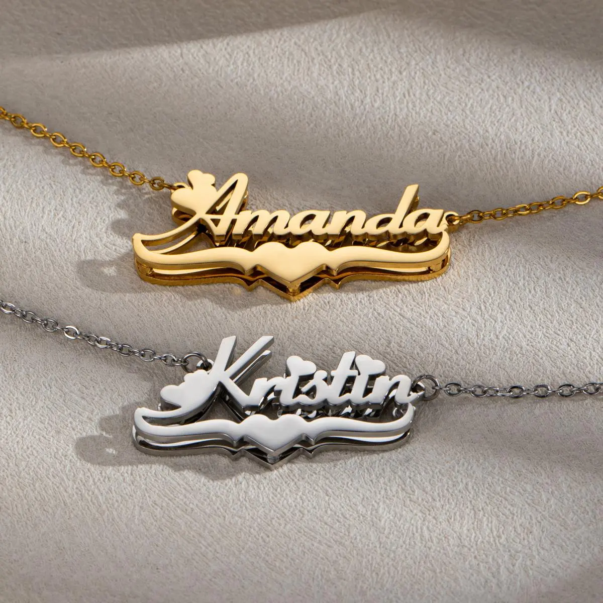 AS965 Personalized Double-layer Heart Name Necklace, Stainless Steel Exclusive Custom Gift Holiday Gift for Men and Women