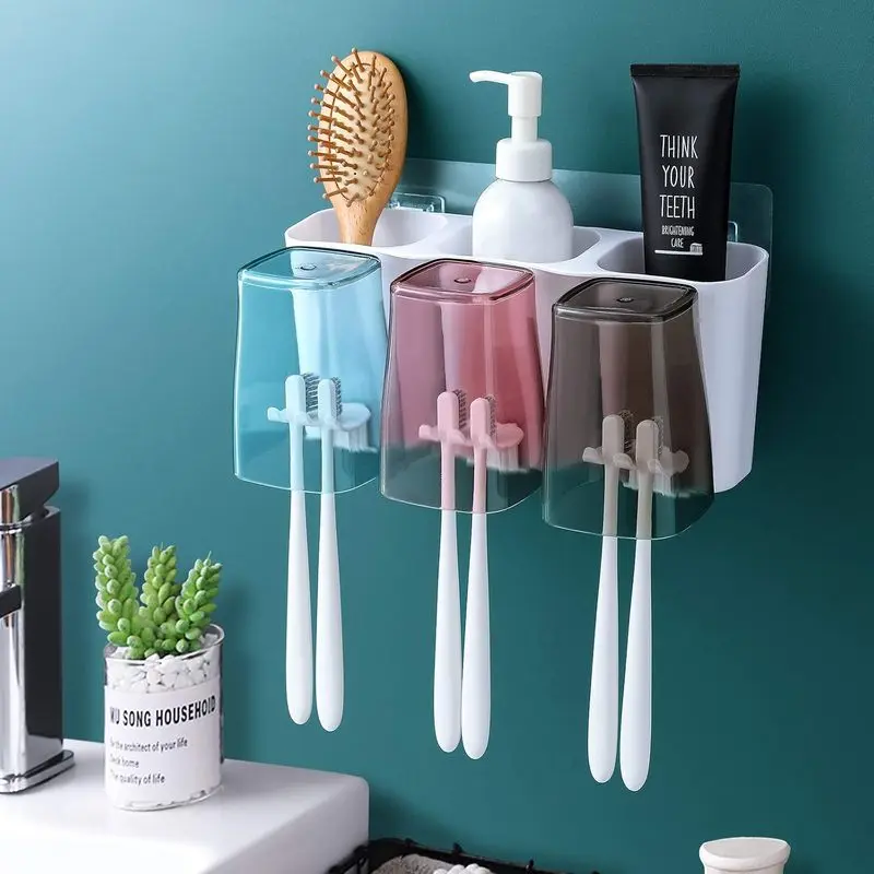 Wall‑Mounted Large‑Capacity Toothbrush Holder with 3 Square Cups, Eco‑Friendly Bathroom Storage Organizer for Family & Dormitory