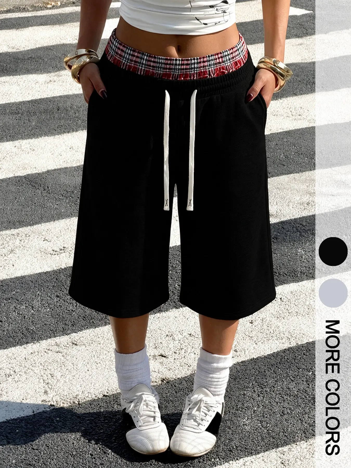 American Vintage Plaid Patchwork Waist Five-Quarter Sweatpants for Women, Drawstring Loose Fit Wide Leg Sports Mid-Length Pants