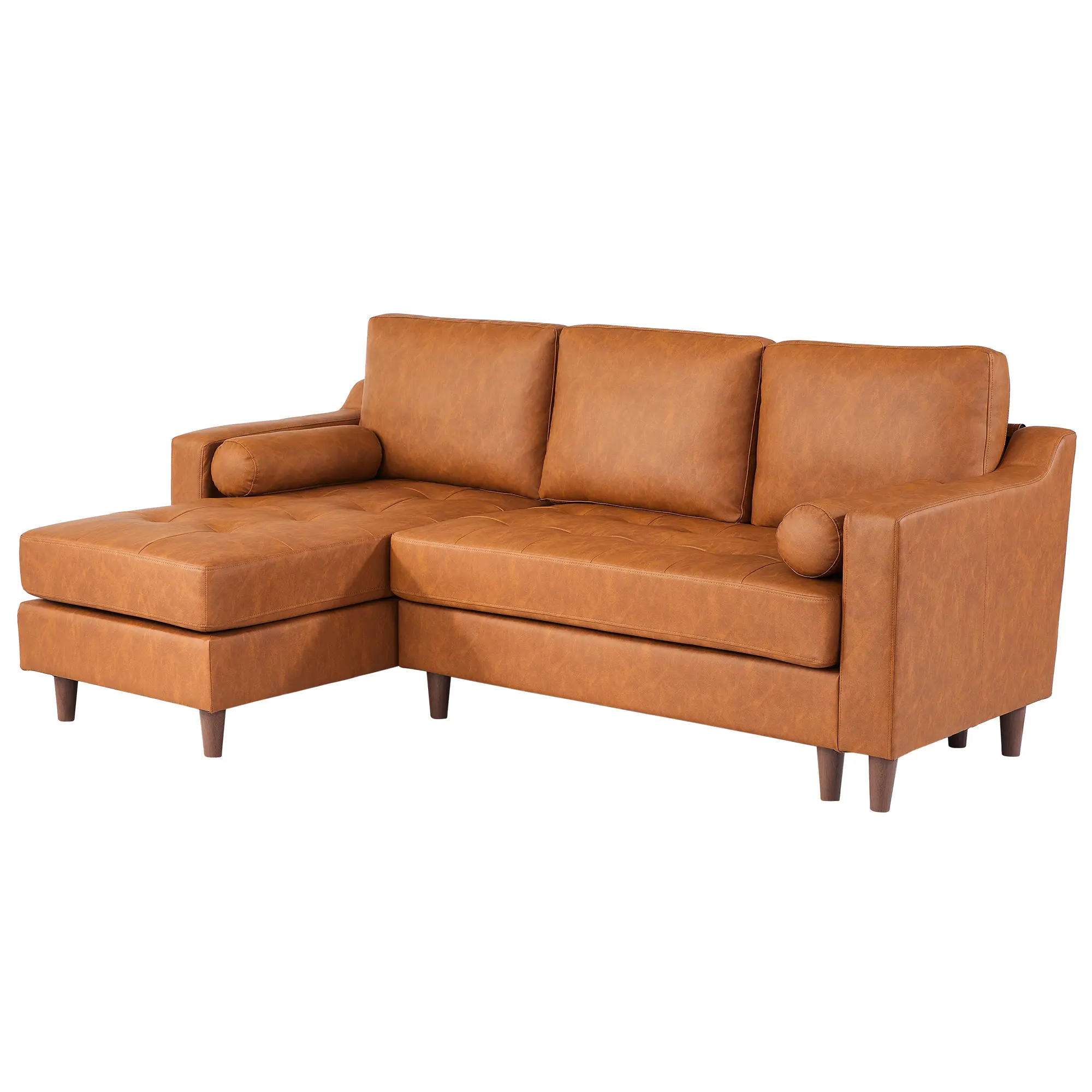Mid-Century Modern L-Shaped Faux Leather Sectional Sofa - 88.9 in, 3-Seat Deep Seat Corner Couch - Reversible Convertible Chaise, Easy-Clean Upholstery - Color: Cognac Tan/Black