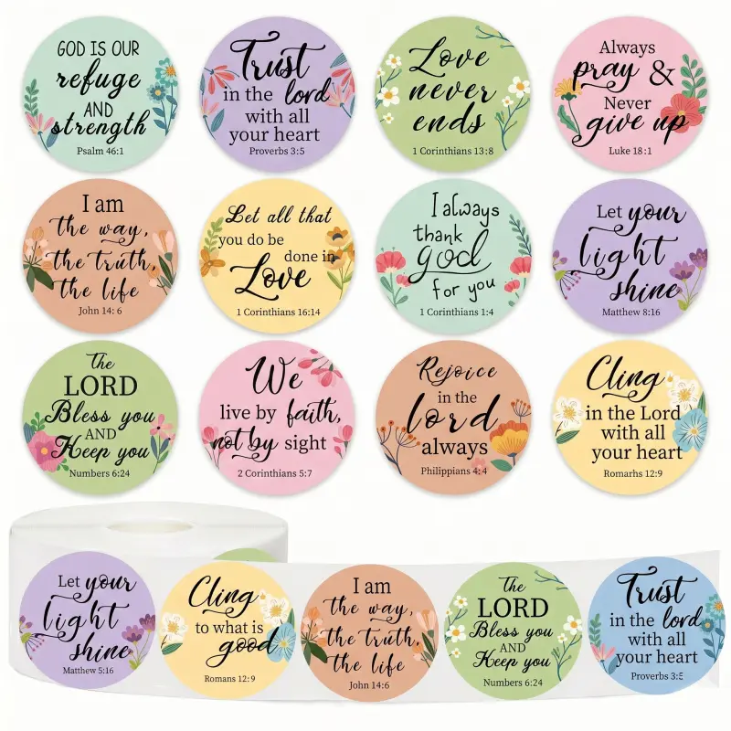 500Pcs Floral Christian Bible Verse Stickers 12 Styles Colorful Inspirational Scripture Quotes Label Decals for Envelope Sealing Sticker Packs