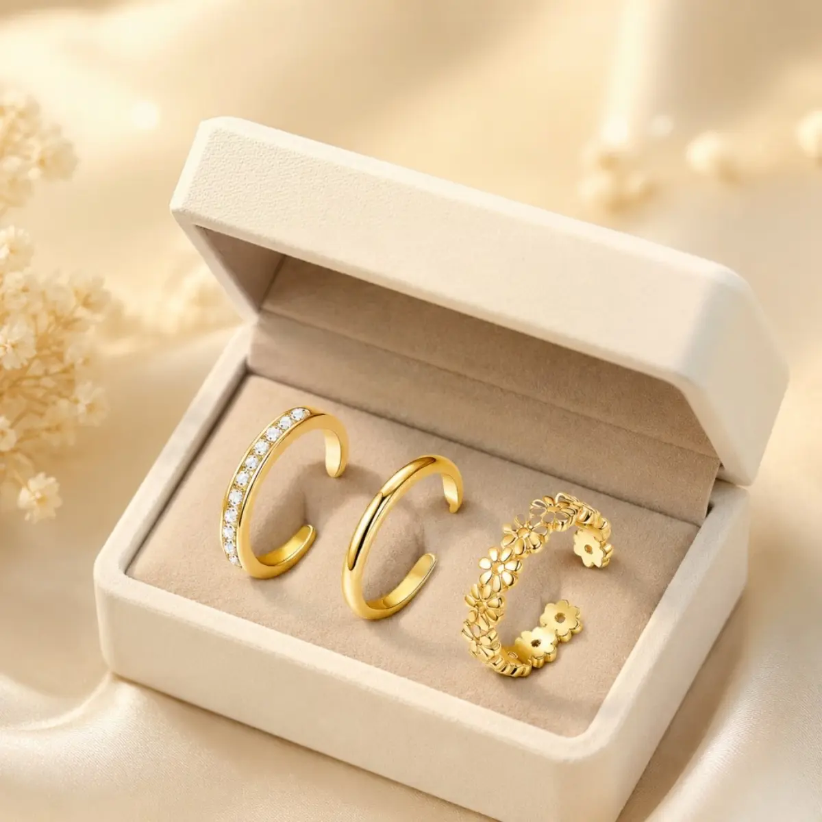 Women's Gold-Plated Copper Alloy Toe Rings, 3-Piece Set with Floral Motif & Rhinestone Open Cuff, Adjustable Size Stackable Rings for Summer Beachwear
