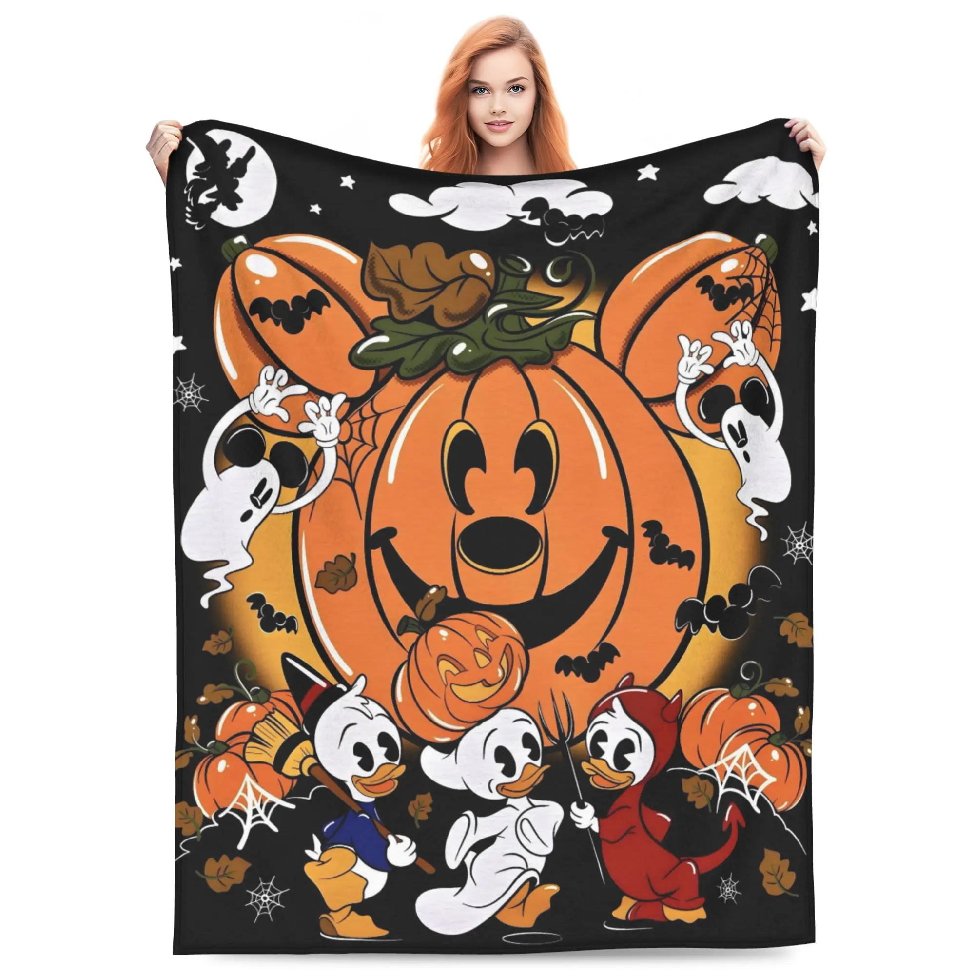 DISNEY CLASSIC Mickey Ear Pumpkin Halloween Flannel Blanket. Huey Dewey Louie, ghosts, bats & spider webs on dark night backdrop. Soft cozy throw, lovely seasonal gift for Disney Halloween fans.