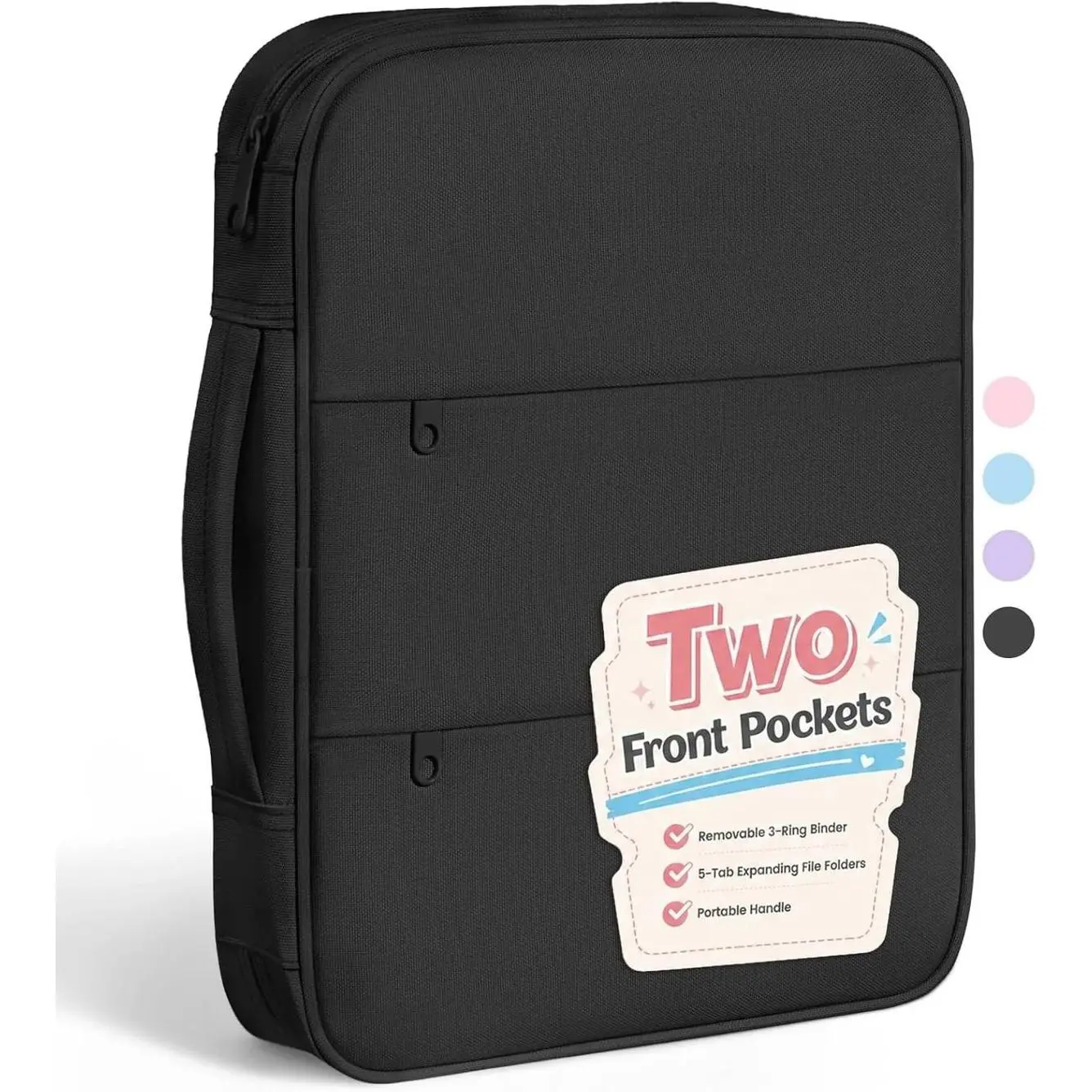 Cute Zipper Binder Bag, 1 Inch Binders 3 Ring O-Ring with Handle | 5-Tab Divider Accordion File Organizer, 500-Sheet Capacity Three Ring Binder, Multi-Pocket Organizer for School, Black