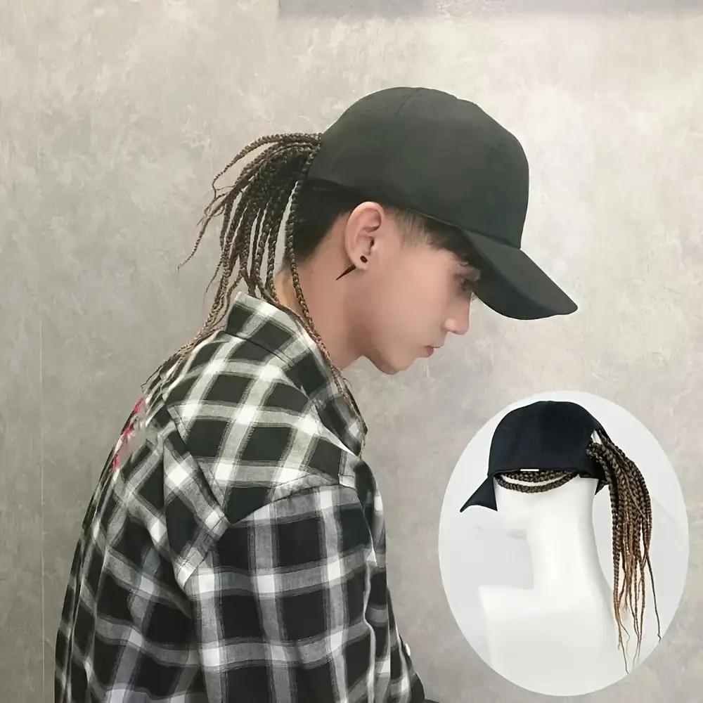 嘻哈朋克棒球帽配编织脏辫假发 - 可调节后扣,高温纤维材质,黑/棕色,长度分别为 35.05 厘米和 44.96 厘米,完美契合摩托车风格和都市时尚