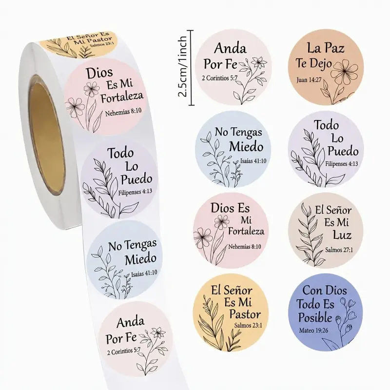 500 Spanish Bible Verse Stickers - Soft macaron-colored round verse labels with botanical line drawings. Suitable for scrapbooking, journaling, envelopes, packaging, and creative decoration projects.