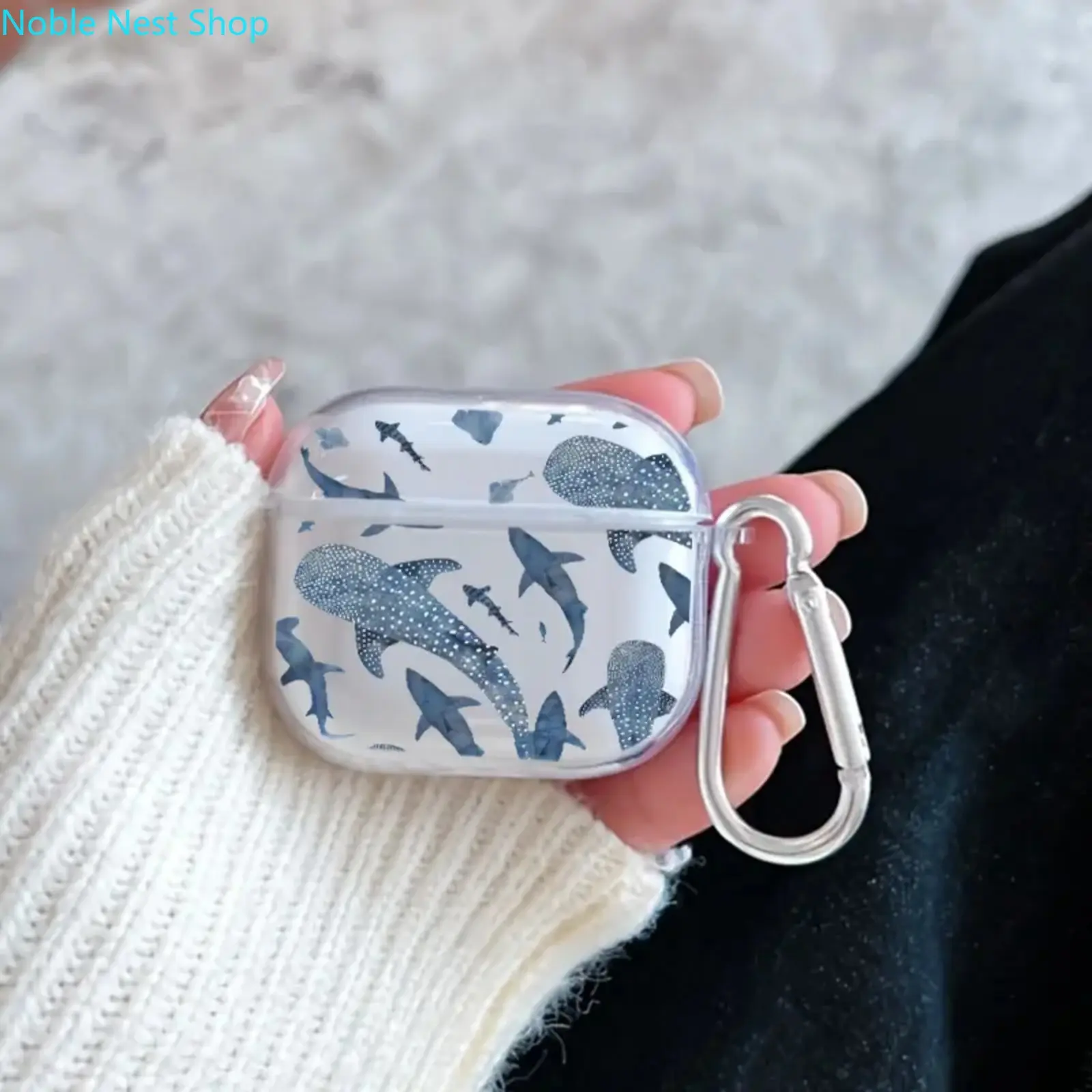 Oceanic Fish Reverie Pattern TPU Soft AirPods Case for 4/3/2/1/Pro/Pro2, Transparent Protective Cover with Keychain Attachment