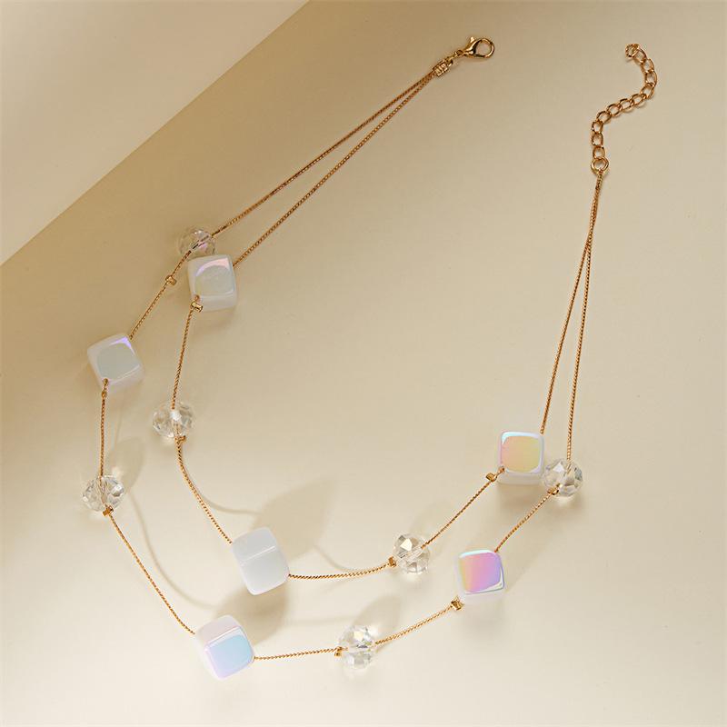 Minimalist Geometric White Aurora Square Necklace for Women Double Layer Locket Chain Elegant Modern Fashion Jewelry