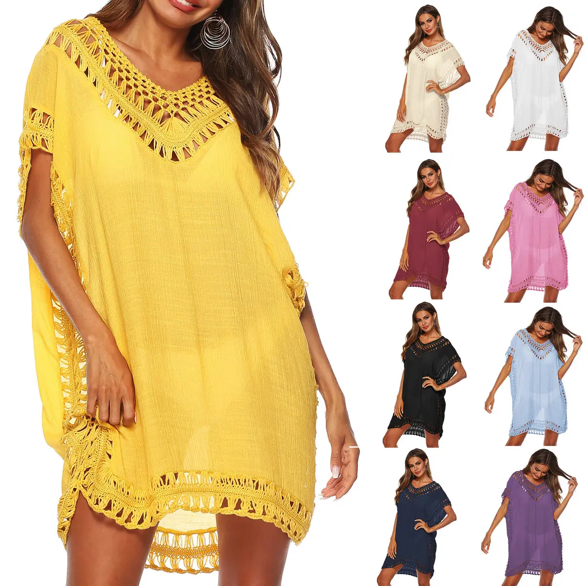 Women's Handmade Crocheted V-Neck Hollow Out Mini Beach Dress, Breathable Swimwear Cover Up, Beach Wear Skirt