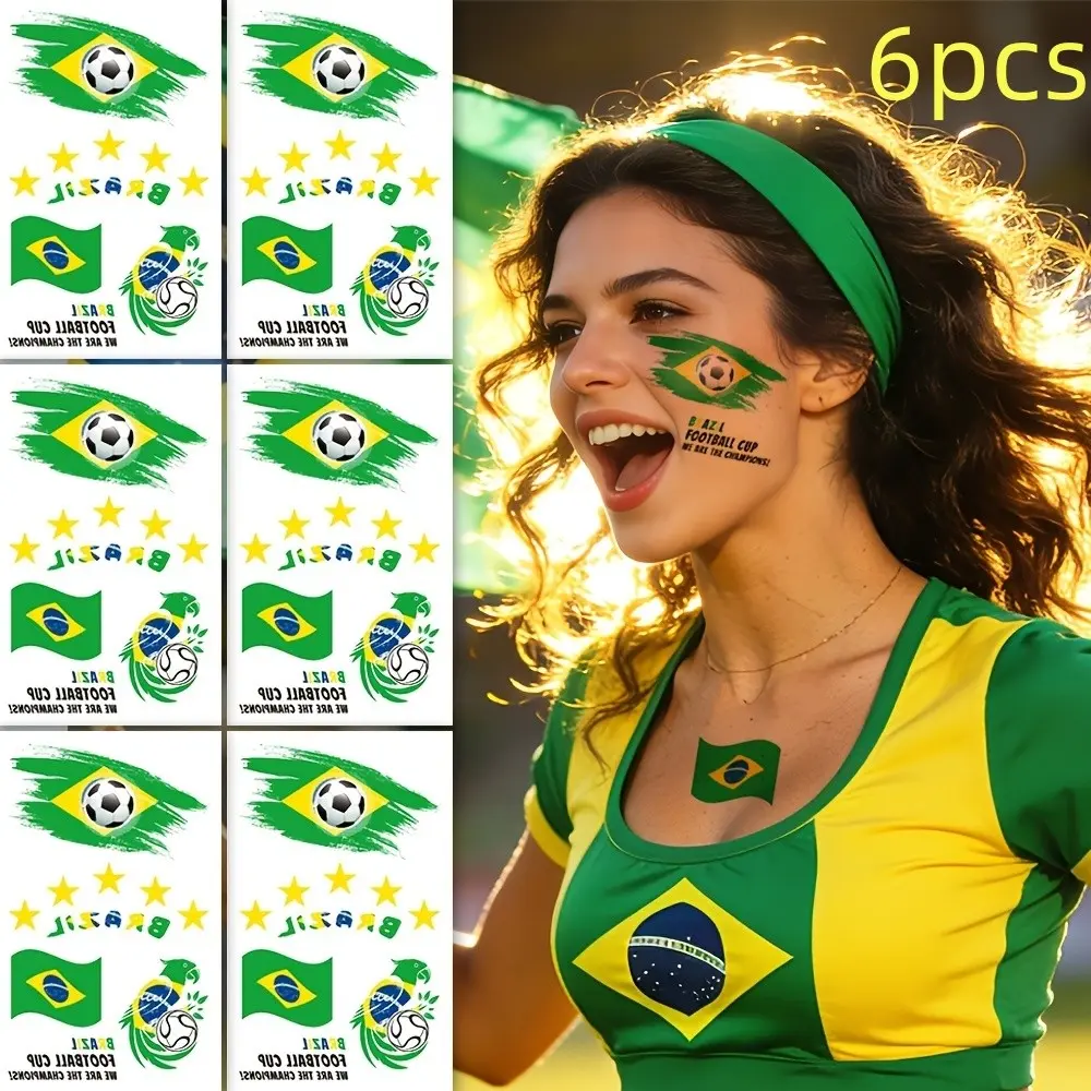 6 Brazilian Football Temporary Tattoos, Waterproof Flag Tattoo Stickers, Sports Fan Party Decor, National Flag Event Body Art, Adult Fans