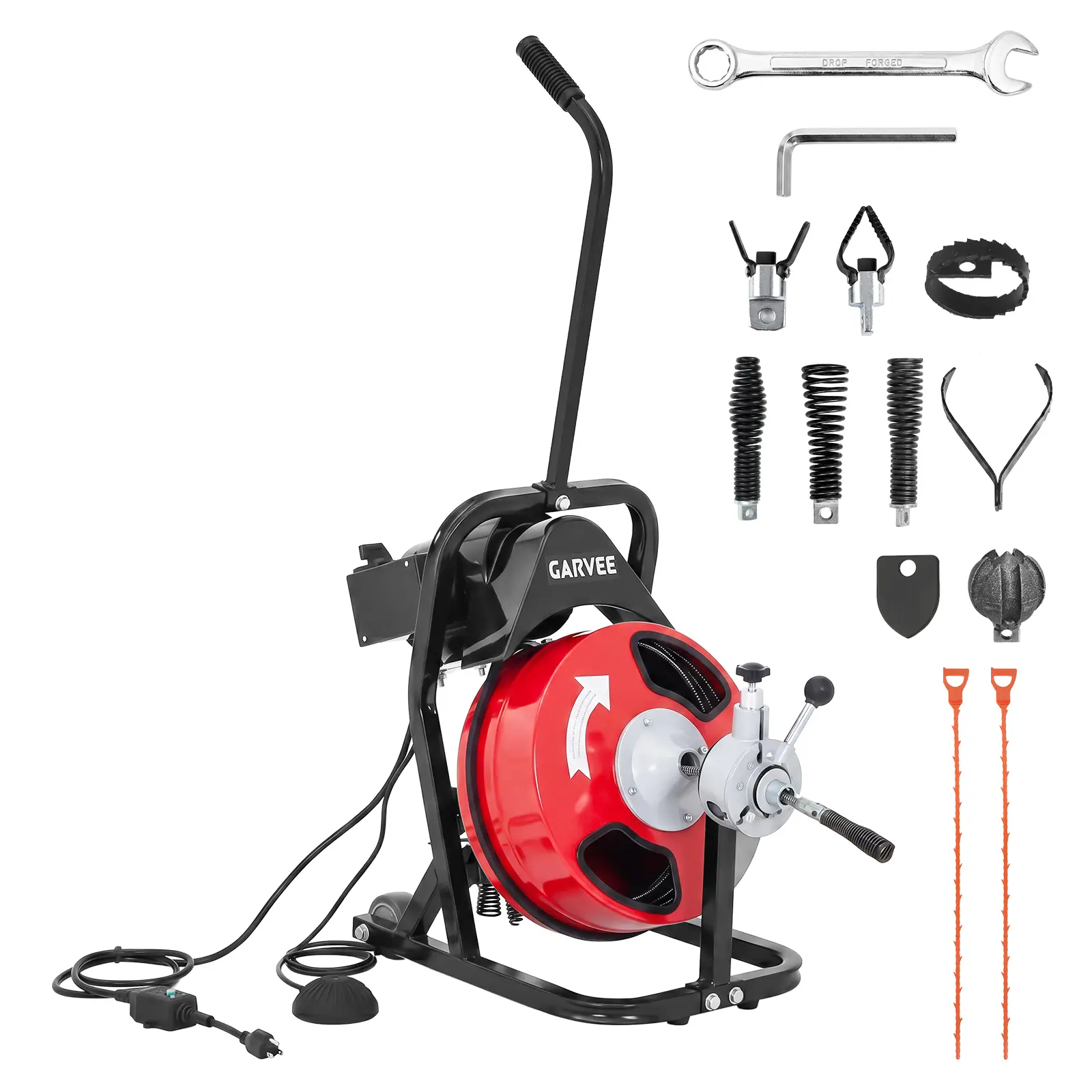 Garvee Auto-Feed Electric Drain Cleaner Machine, 250W Drain Auger with Semi-Enclosed Drum, Air Foot Switch & 4 Cutters, 50 FT Cable for 2–4 Inch Pipes