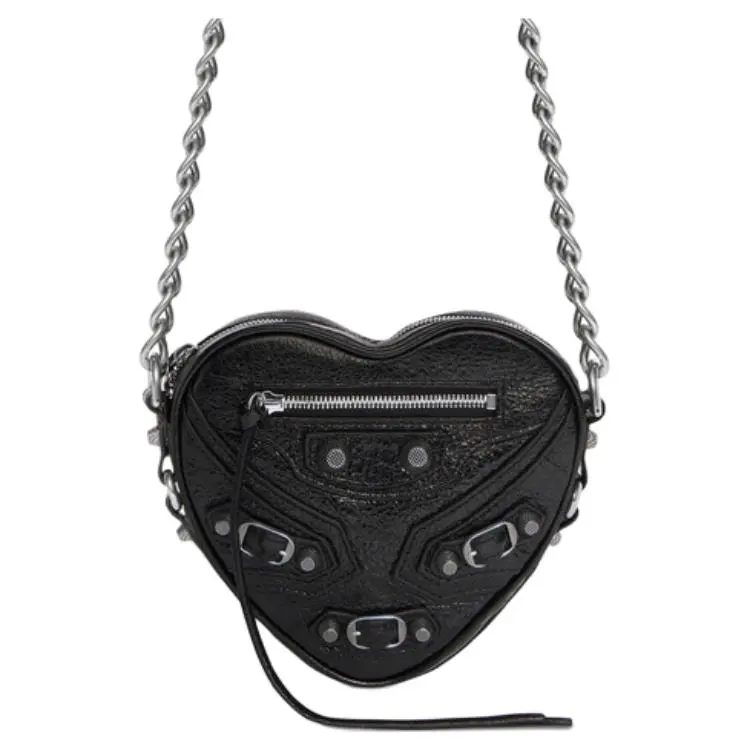 Balenciaga Le Cagole Mini Crossbody Bag for Women, Distressed Metal Heart Detail, Lambskin, Black