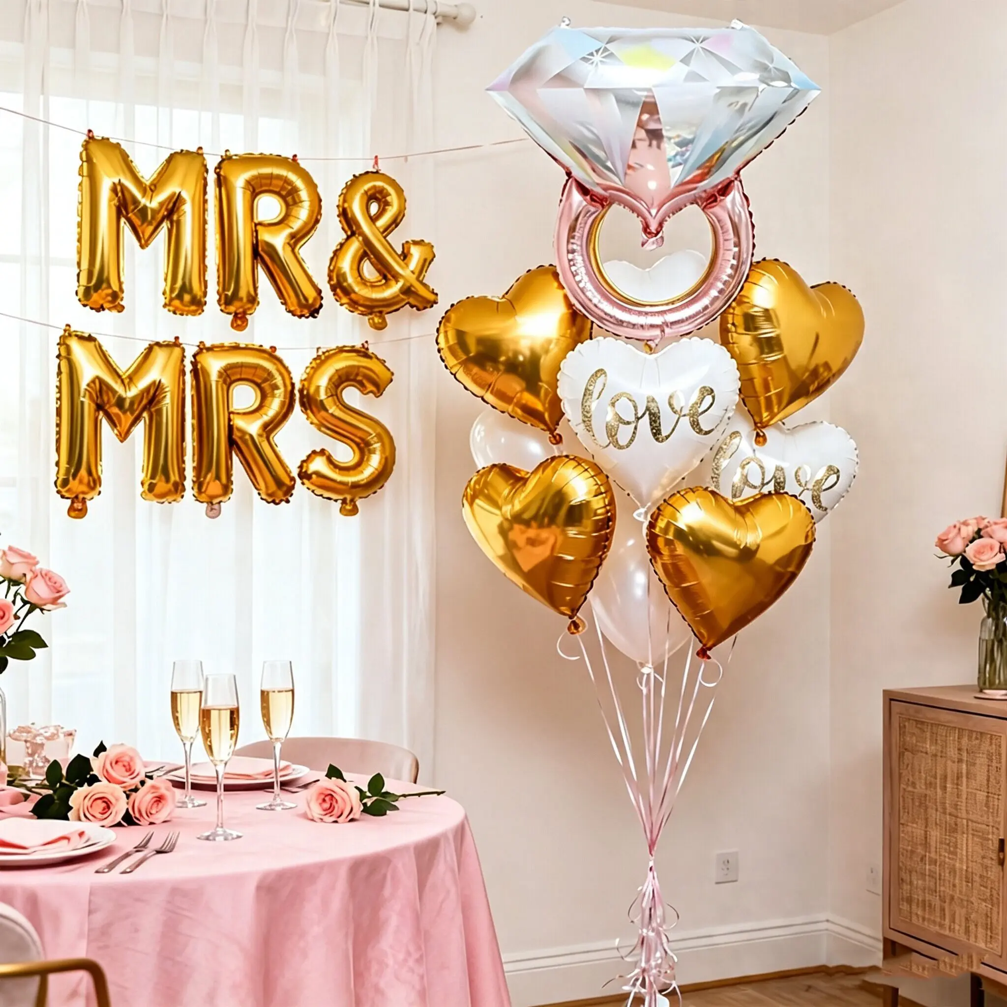 16Pcs MR & MRS Gold Letter Balloon Set, Includes 6 Gold MR MRS Letter Balloons, 8 Heart Foil Balloons, 1 Diamond Ring Balloon & 1 Roll Ribbon, Wedding Proposal, Valentine's Day, Birthday, New Year & All Party Decorations