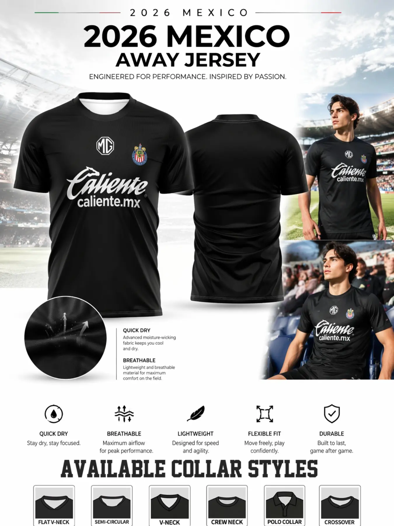2026 Chivas Guadalajara Mexico Soccer Varsity Knit Top, All Solid Color, Caliente-Mx Sponsor Pattern, Sporty Short Sleeve Jersey