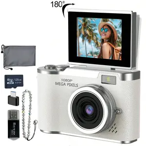 1080P HD Foldable Screen Student Camera, Retro Ccd Card Camera, Beginner Digital Camera, Macro Lens, Hybrid Viewfinder, Portable