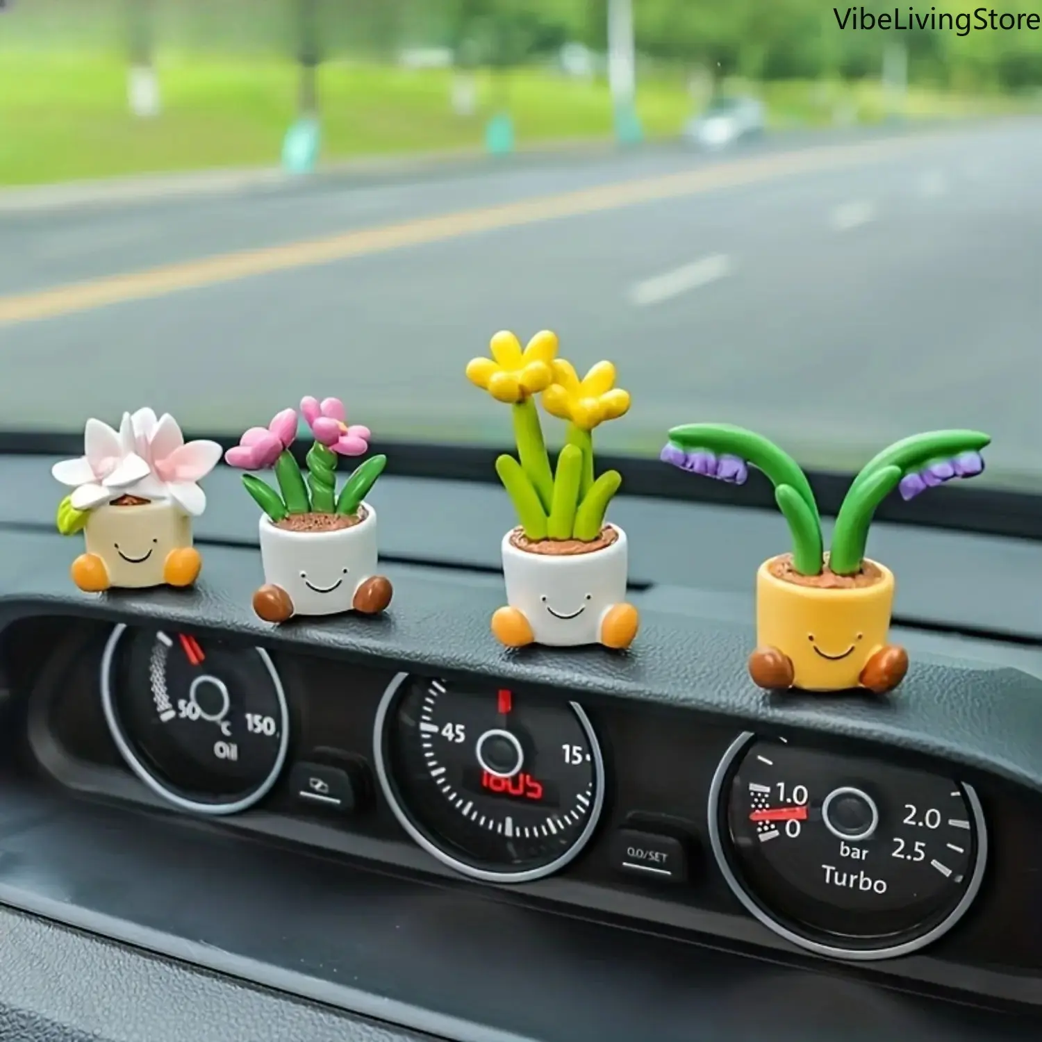 4-Pack Cute Mini Potted Flower Car Dashboard Decorations, Luxury-Feel Small Auto Interior Ornaments, Multipurpose Aesthetic Car Trinkets for Vehicle, Office Use (DIY Bag Accessory Compatible), Car Decoration