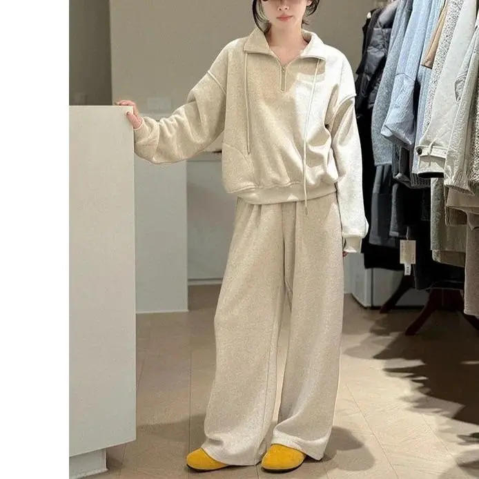 Loose Casual Women's Hoodie Set Korean Style Stand Collar Autumn Winter New Style Two Piece Fashionable Sweatpants Outfit