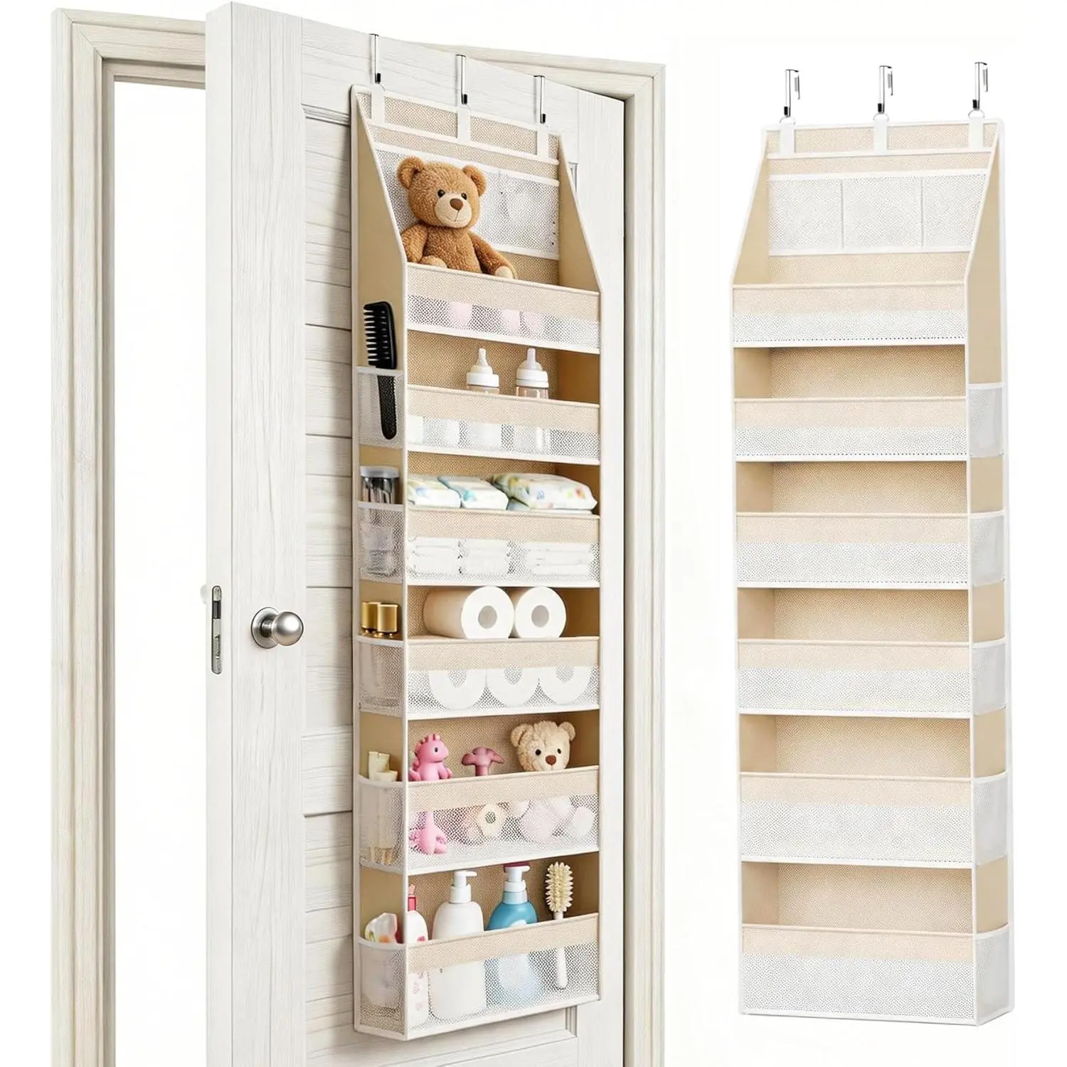 Over The Door Organizer, 6 Large Pockets + 13 Mesh Side Pockets, Hanging Storage, 55lbs Capacity, Heavy Duty Non-Woven Fabric for Baby Nursery, Bathroom, Pantry, Closet, Beige, 1 Pack