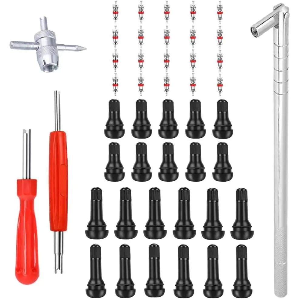 Tire valve core removal and assembly tool kit, suitable for cars and trucks| Includes 10 TR412, 6 TR413, and 6 TR414 rubber valve cores, as well as a 4-way and single-head valve core removal tool