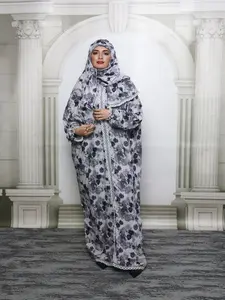 Middle Eastern Women's Scarf-Style Prayer Robe, Long Loose Comfortable Printed Dress, Elegant Floral Trim Design, Perfect for Daily Wear